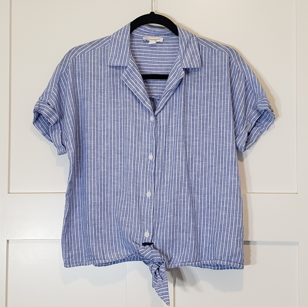 Beachlunchlounge Linen Cotton Button Down Front Tie Striped Top Size Small